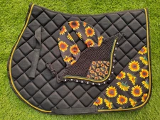 SUNFLOWER ENGLISH SADDLE PAD SET FLY VEIL HORSE EAR NET BONNET STUNNER SPORTS