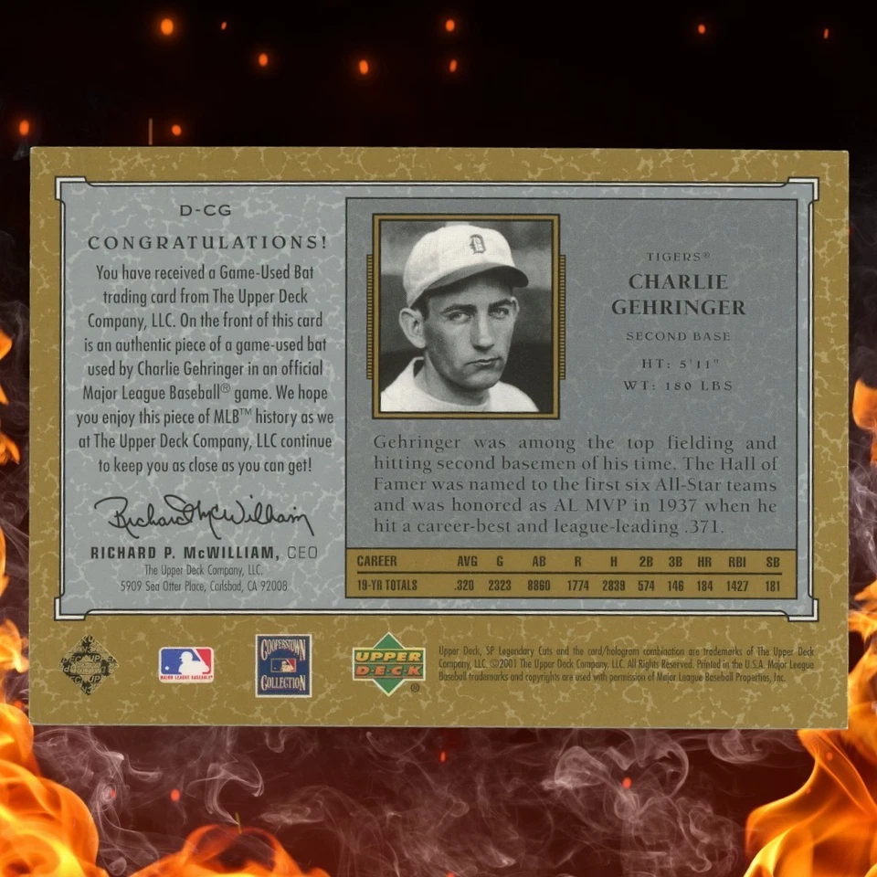 Parche de murciélago debut legendario Charlie Gehringer Sp 2001 Upper Deck #D-CG Foto 2 de 3
