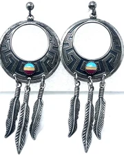 Vintage Navajo WM Wheeler Earrings Feather  Signed Sterling Silver  Dangle