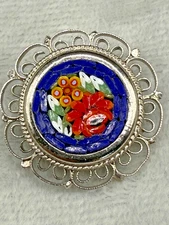 Vintage Mini Mosaic Brooch Blue Silver Tone