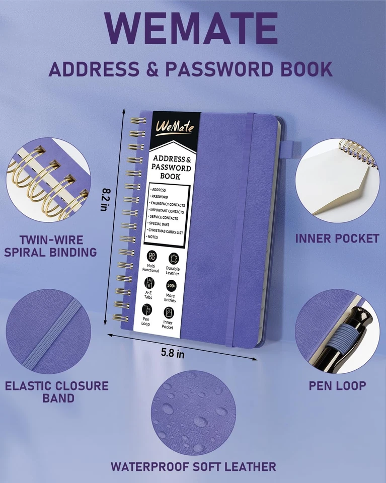 WEMATE Spiral Address Book with Alphabetical Tabs, Leather Password Book, Addres - Image 3 of 4