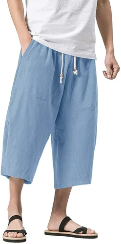 Pantalones capri holgados harén calce suelto cintura elástica 3/4 algodón lino para hombre - Imagen 16 de 24