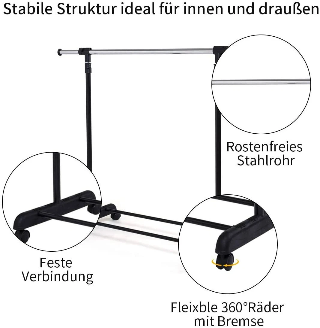 Kleiderständer auf Rollen Kleiderstange verstellbar Garderobenständer aus Metall