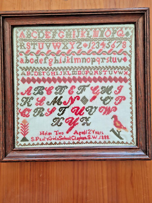 VIKTORIANISCHER 1888 SAMPLER VON HELEN ZWEI IM ALTER VON 12 JAHREN HAT FAMILIENGESCHICHTE AUF DER RÜCKSEITE DES RAHMENS