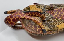 Hand Carved  Painted African Kenya Wood Giraffe Drinking Leaf Bowl Folk Art 12"