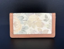 GENUINE LEATHER and Floral TAPESTRY FABRIC CHECKBOOK COVER WALLET