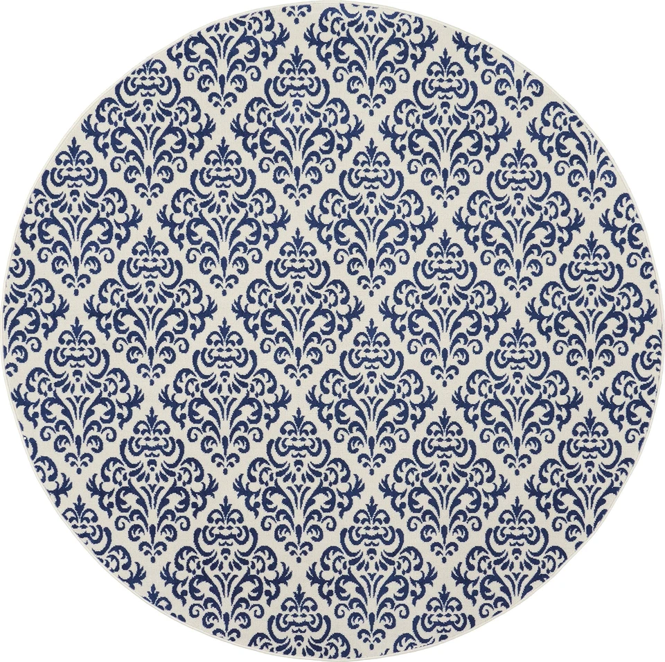 Nourison Grafix Damask White/Blue 8' x Round Area Rug, Easy Cleaning, Non - Image 3 of 4