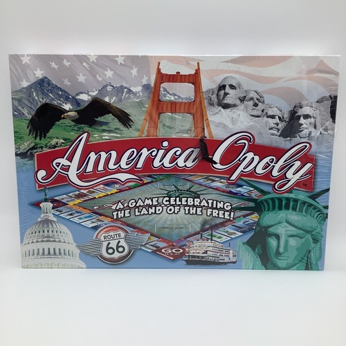 America-Opoly board game box with Golden Gate Bridge, Statue of Liberty, red eagle, and USA map on colorful game board.