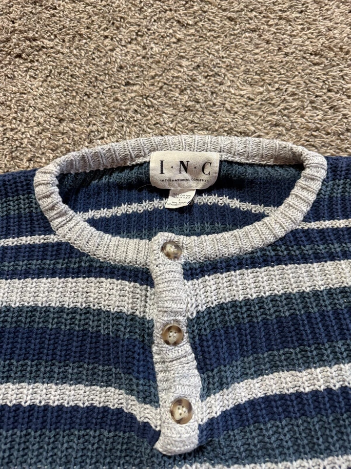 Suéter Vintage INC Concepts Para Hombres Talla Grande Azul Rayas Henley Hecho en EE. UU. Algodón Foto 2 de 4