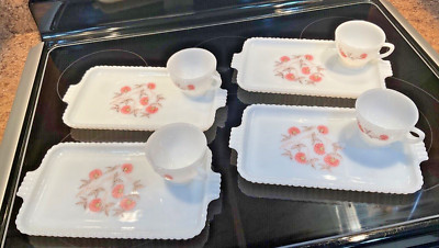 Fleurette Milk Glass Fire King Snack Tray Set Of 4 Plates &  4 Cups Vintage