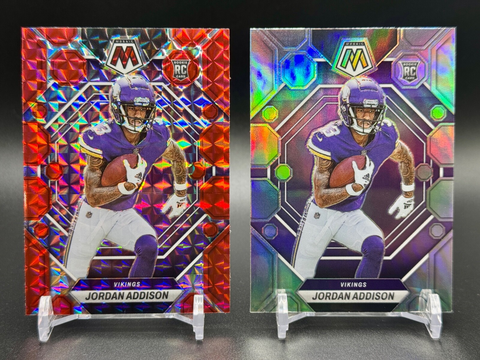 2023 Panini Mosaic Jordan Addison #337 Red Mosaic (RC) + Silver Prizm RC Vikings