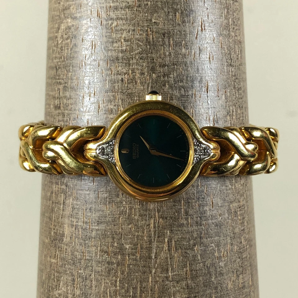 Vtg Seiko Women 4N00-1171 Diamonds Green Dial Gold Tone Quartz 20mm Watch 6 1/4" - Image 2 of 4
