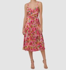 Adrianna Papell Women's Pink Floral Pleated V-Neck Sleeveless Dress Size 16
