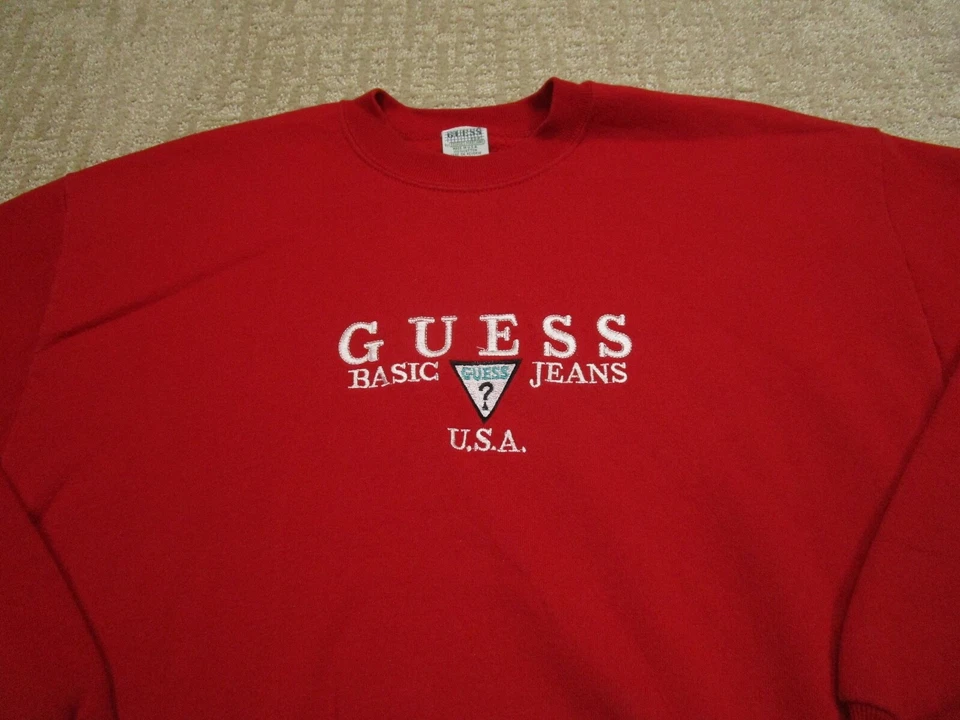 Vintage Guess Sweatshirt Men Extra Large Red Crewneck Triangle 90s USA Retro - Image 2 of 4