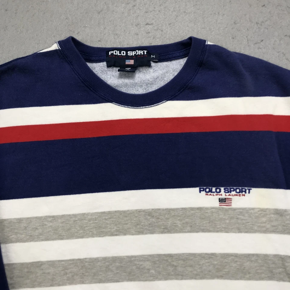 复古 Polo Sport Ralph Lauren 运动衫男式中号条纹圆领标志 90 年代 — 第 2/4 张图片