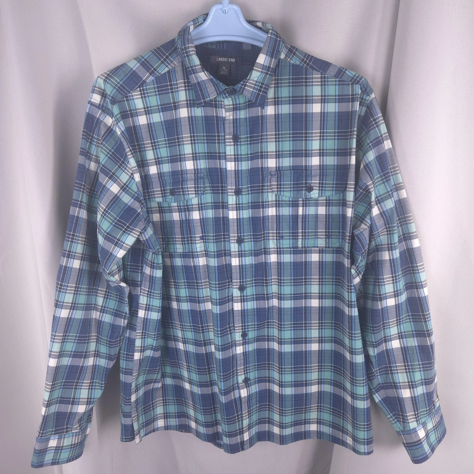 Lands End Shirt Mens XL Blue Plaid Vented Mesh Lined Button Front Travel Outdoor