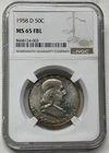 1958 D Franklin Half Dollar NGC MS65 FBL Full Bell Lines Attractive Toning