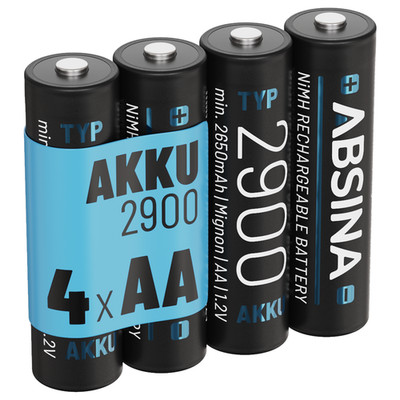 ABSINA Akku AA Mignon 2900 - 4x NiMH Wiederaufladbare Akkus mit min. 2650mAh