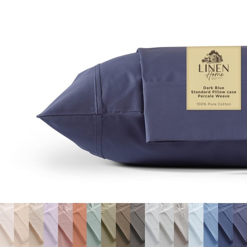 100% Cotton Percale Pillowcases Queen/Standard Size, Dark Blue, 2 Pieces of P...