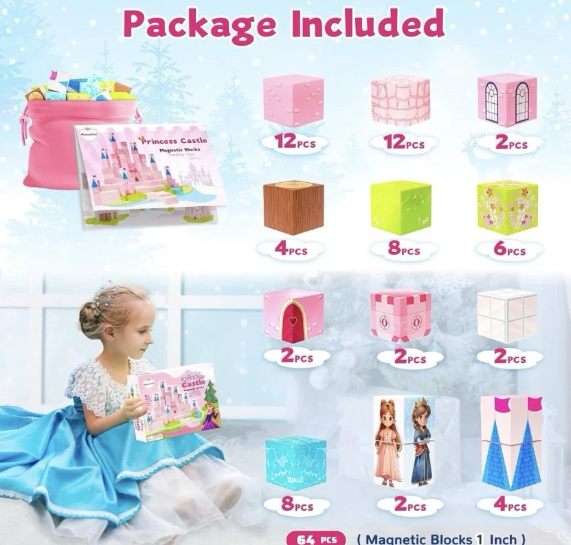 64 Pcs Magnetic Blocks-Princess Castle Collection World,Ages 3-8. NEW. - Image 2 of 4