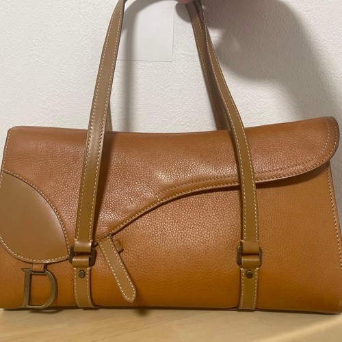 Christian Dior Vintage 2002 Logo Saddle Shoulder Tote Bag Camel Gold Leather F/S