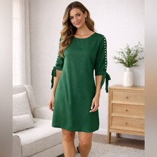 SHEIN Women’s Green Pearl Sleeve Shift Mini Tunic Dress Bow Sleeve Tunic Size XL