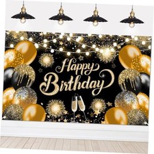 Happy Birthday Banner Glitter Black Gold Happy Birthday Backdrop Photo