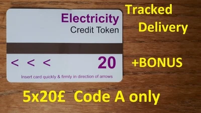 Electric Meter Card Tokens 5x£20, £100 value. (Code A Only)