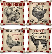 Vintage Farmhouse Animal Pillow Covers 18x18 Set of 4 Retro Farmer's Market T...