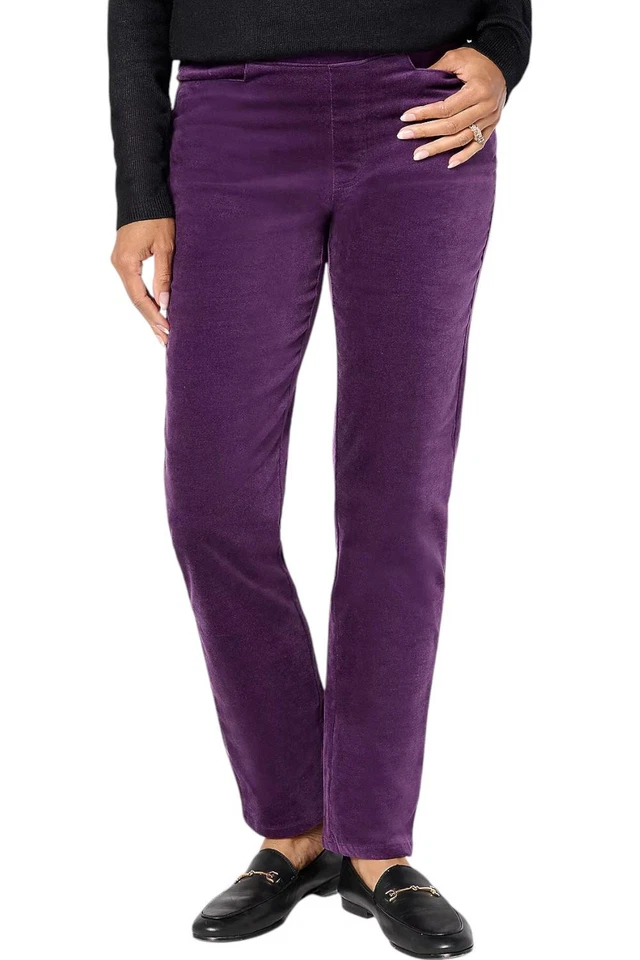 Denim & Co. Women's Stretch Velvet Straight Leg Pull On Pant Purple