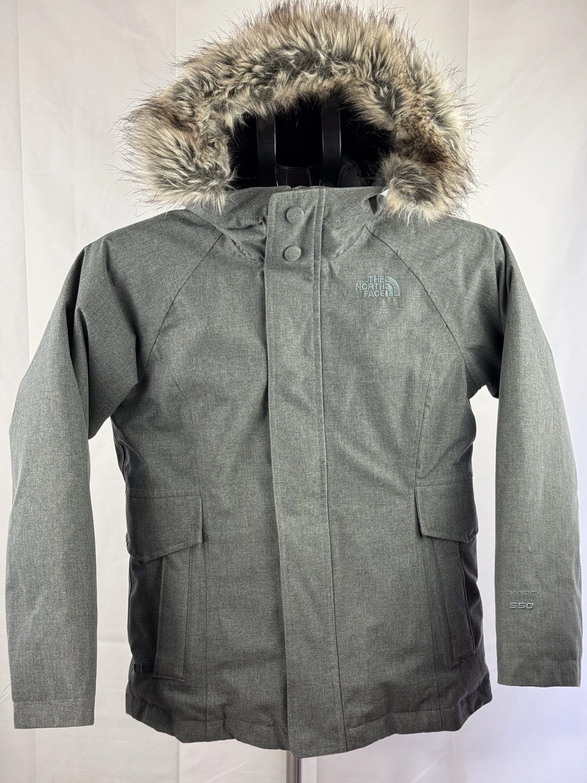 The North Face Girls 550 Down DryVent Parka Jacket Faux Fur Hood Gray M 10/12