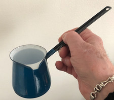 vintage made in Poland blue enamel milk /sauce long handle pouring pan #5