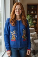 Vtg Heirloom Collectibles Women Christmas Sweater Cardigan L Reindeer Blue Zip