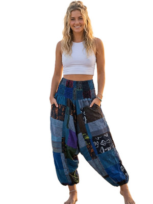 Boho Cotton Harem Pants | Purple Patchwork Drop Crotch Trouser | Fits UK 12-18