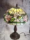 Vintage Tiffany-Style Stained Glass Table Lamp With Floral Design & Bronze Base