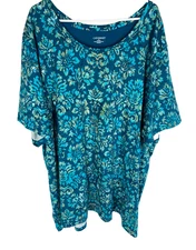 CATHERINES Shirt Plus Size 4X 30/32W Blue Green Floral 100% Cotton Spring NEW