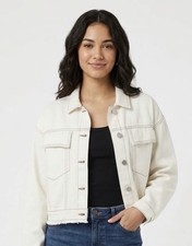 Gilli Stitch Fix Cream Cropped Denim Trucker Jacket L Contrast Stitch Raw Hem