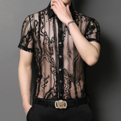 Men Striped Mesh Sheer Shirt Short Sleeve Blouse Tops See-Through