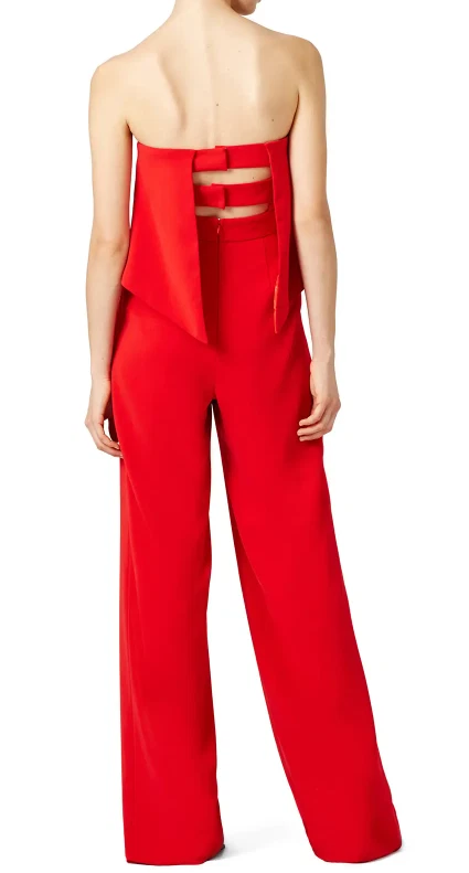JAY GODFREY Red Crepe Retro Ruffle Jumpsuit Size 12 Evening Cocktail - Image 2 of 4