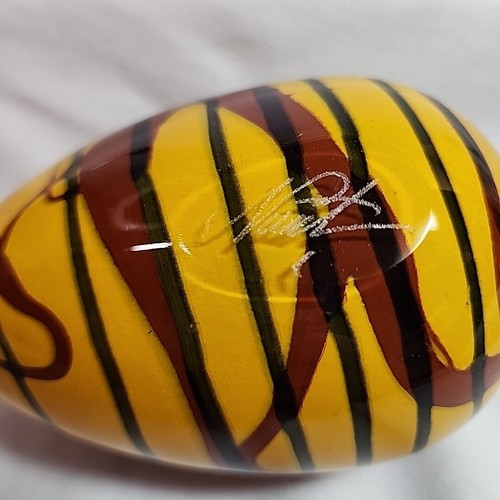 Ioan Nemtoi Egg Hand Blown Art Glass Yellow Brown Swirl Striped Signed Beautiful - Picture 7 of 24