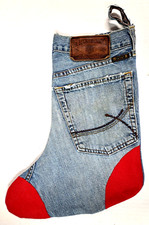 Handmade Lucky Jeans denim Christmas stocking hand crafted from old jeans