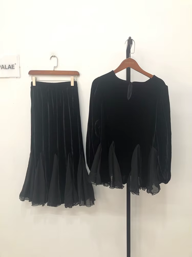 Evening Black Velvet Vtg Glamour Chic Ballgown Deco 1920's Midi Skirt Top 12 14 - Picture 3 of 8