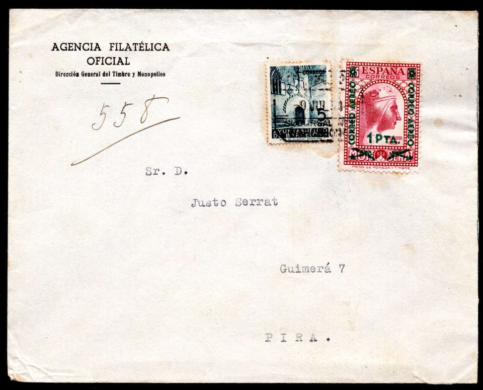 SPAIN 1938 CIVIL WAR PERIOD BARCELONA TO MONTBLANC FRANKED AIRMAIL SC. C93 - Image 2 of 3
