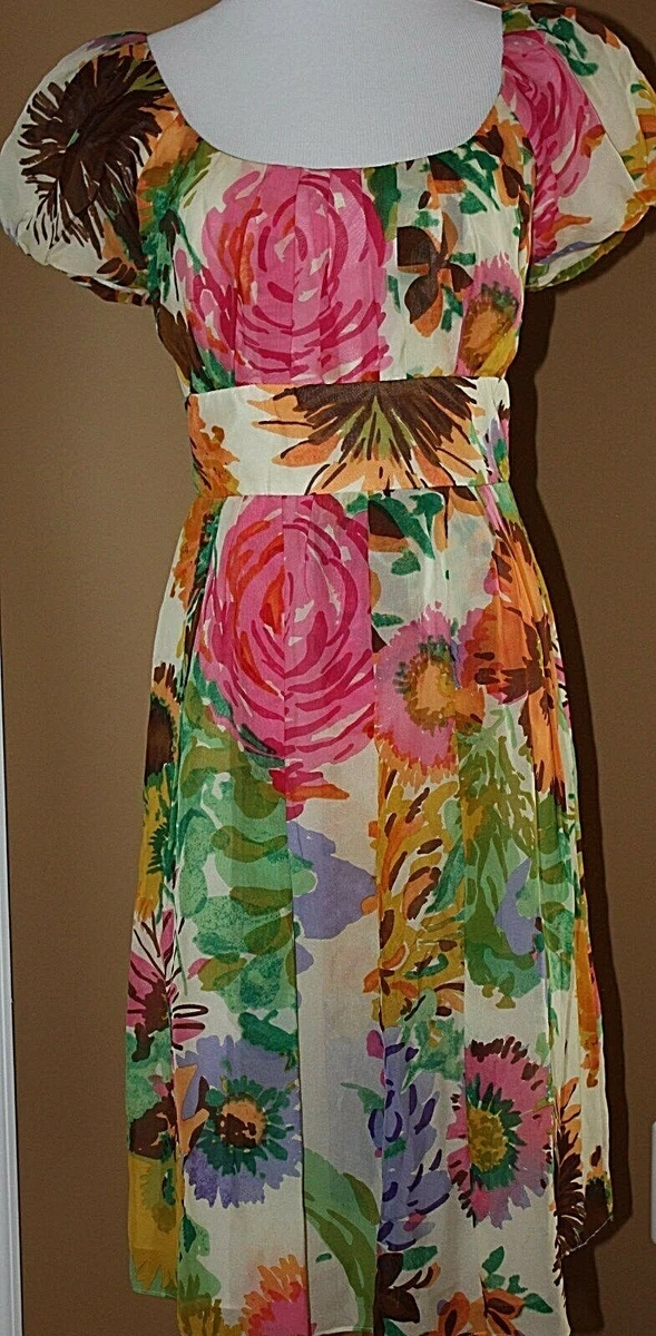 Suzi Chin Maggy Boutique Pink Blue Green Multi Color Floral Silk Dress 10 |  eBay