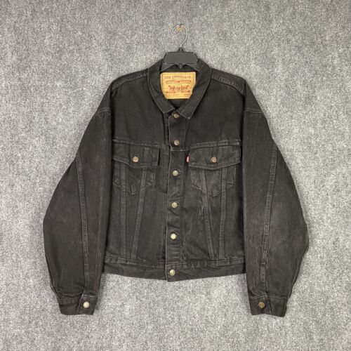 VINTAGE Levi's Womens Jean Jacket Medium Black Faded Trucker Denim USA Made Coat - Picture 1 of 13