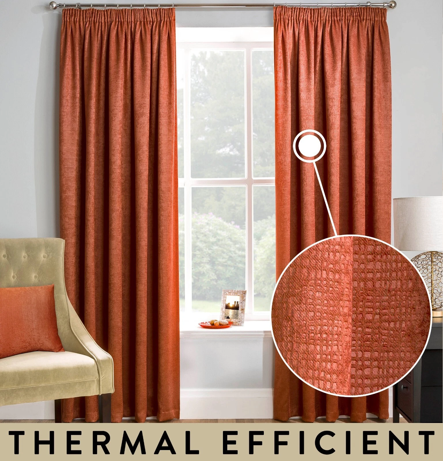 Orange Thermal Curtains Pair – Textured Pencil Pleat Pleat - Room Darkening