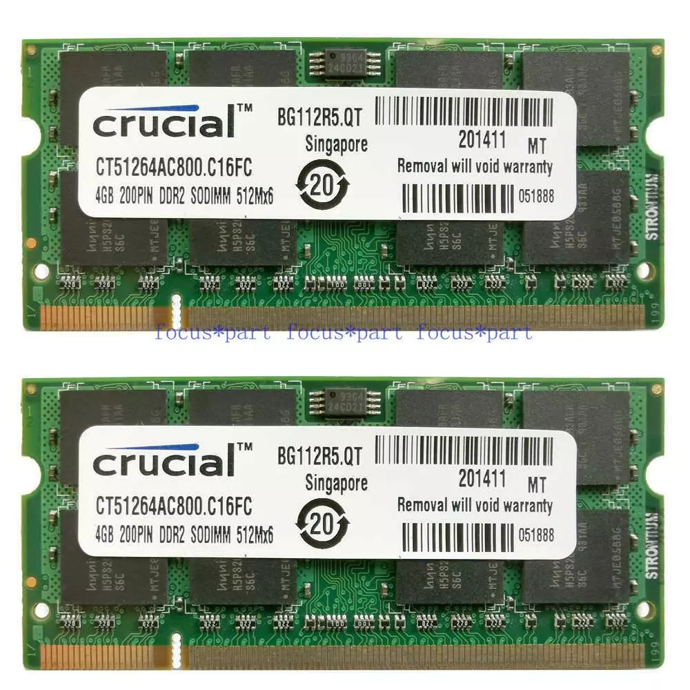 Crucial 8GB 2x4GB PC26400 DDR2 800Mhz Laptop SODIMM 200pin Memory