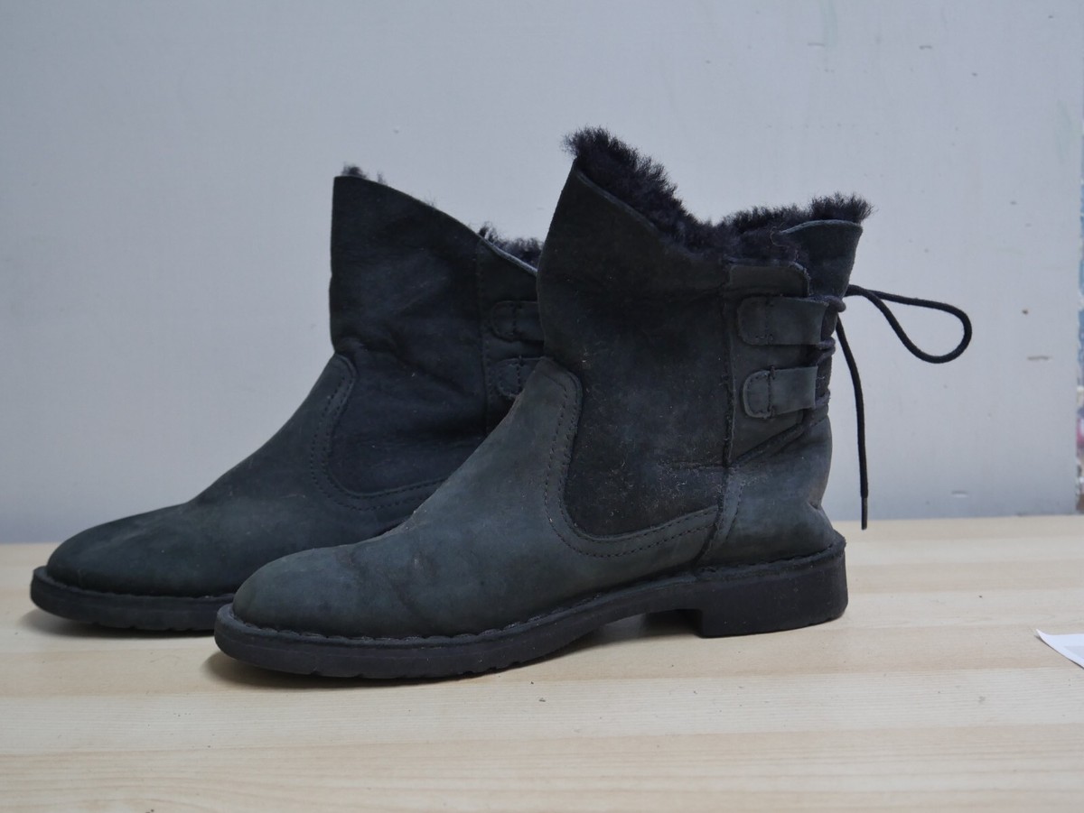 Ugg Naiyah Suede Leather Shearling Tie Back Black Women's Boots