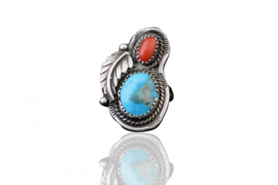Vintage Native American Turquoise and Coral Sterling Silver Ring - Size ...