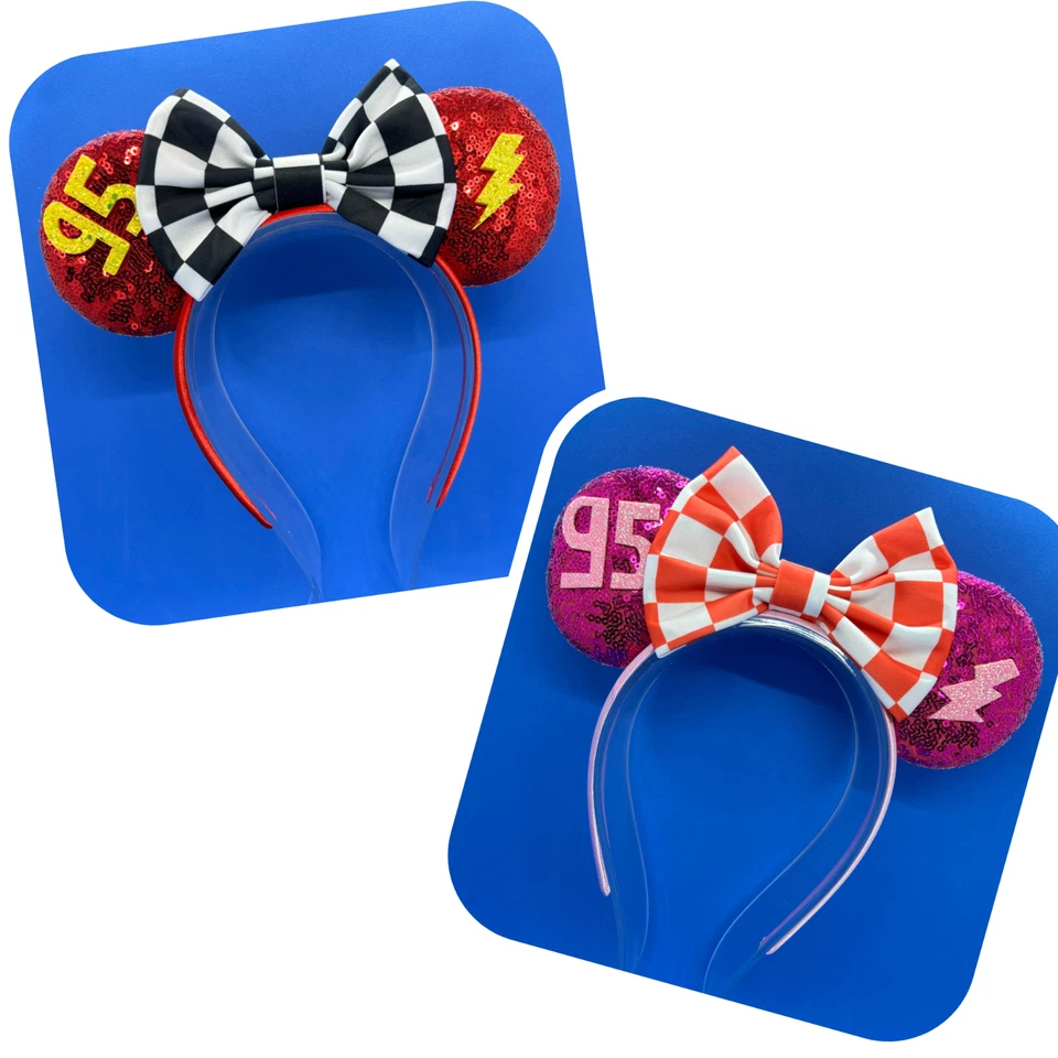Cool Disney Inspired Lightning McQueen Chequered Flag Ears Headband Red or Pink